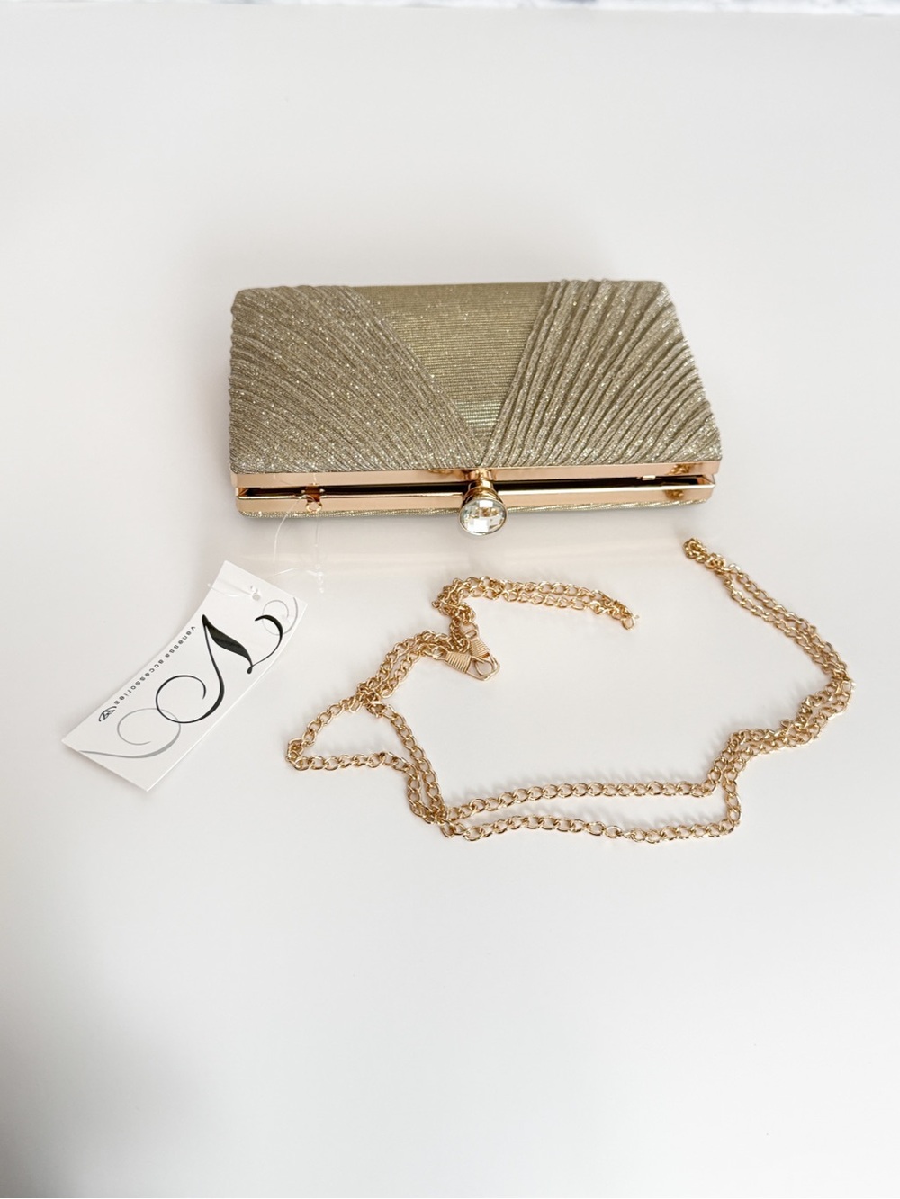 New Vanessa Pleated Glitter Clutch Gold
